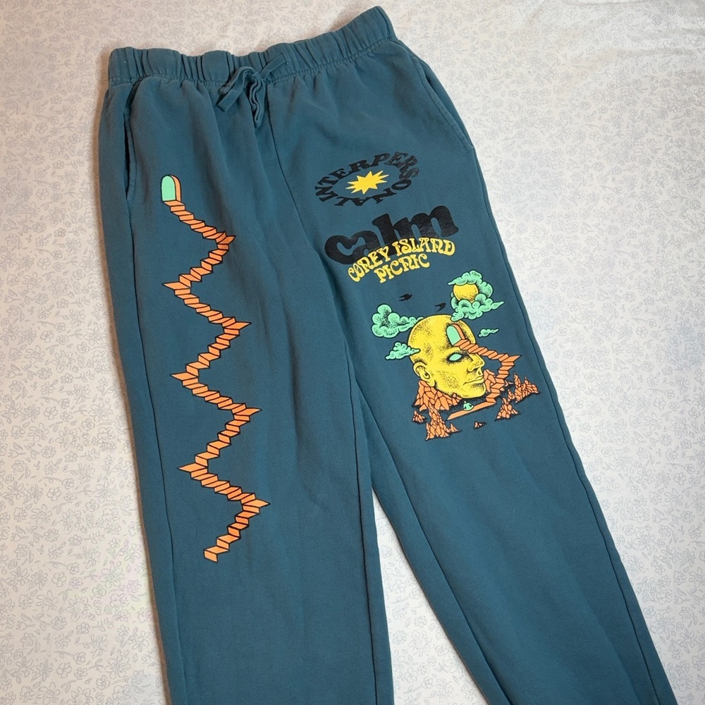 Coney Island Picnic Graphic Sweatpants Joggers Men’s Medium Teal Organic Cotton